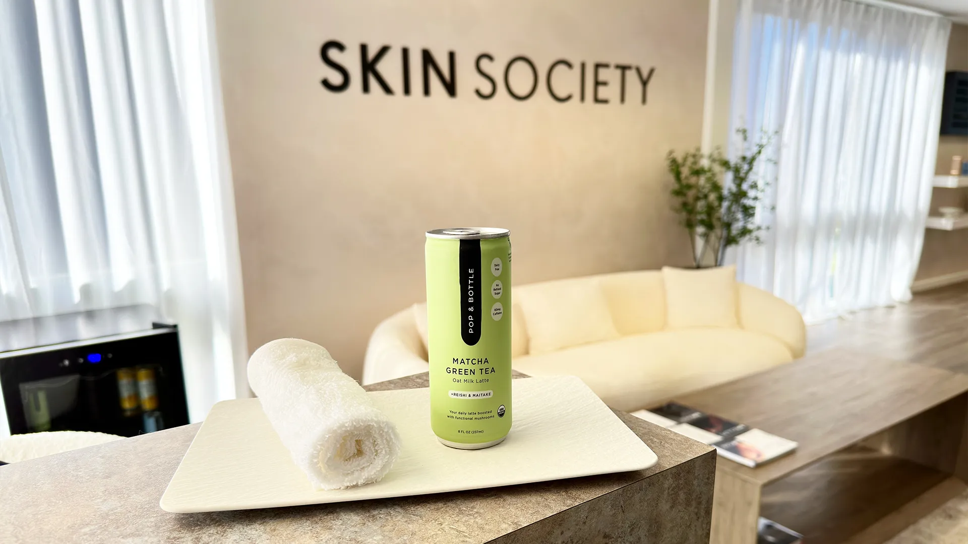 Matcha green tea can at Skin Society.